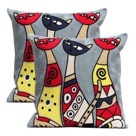 Pilmandu Pack of 2 Decorative Square Pillowcase Abstract Art Embroidered Throw Pillows Cover for Couch Farmhouse Patio Garden Sofa Chairs 18x18 Inch (Cut Long Neck Cat)