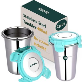 MARU Stainless Steel Tumbler With Lid Leak Proof With 2 Straws And 1 Brush, Glass Tumbler Steel Lid, Steel Glass With Lid, Airtight Freezer Safe Capacity 400Ml (2Pcs) Sea Green