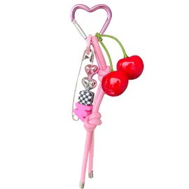 E-Go Pom Cherry Bag Charm Crystal Stone Leather Rope Keychain Leather Tassel KeyChain Hand Woven (Pink)
