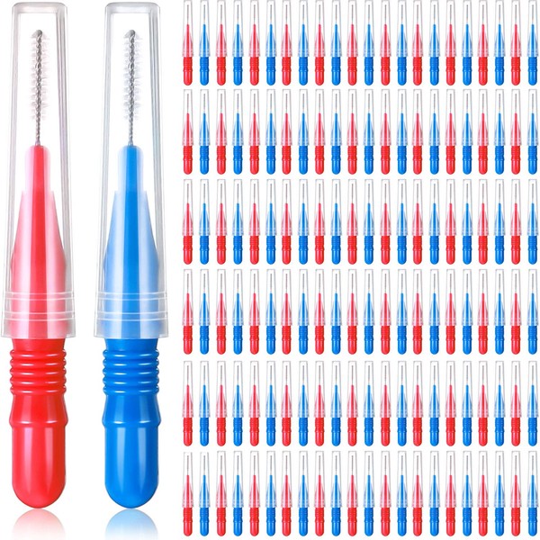 150 Palillos de Dientes Cepillos Interdentales Orales Cabeza de Hilo Dental Limpiadores Herramienta de Limpieza de Dientes (Rojo, Azul, 0.1 Pulgadas, 0.12 Pulgadas)