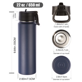 Volhoply Insulated Water Bottles with Straw Bulk 2 Pack, 22 oz Reusable Stainless Steel Sports Bottle with Handle Lid, Double Walled Vacuum Metal Travel Cold Water Thermos with Wide Mouth (Navy,2 Set)
