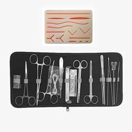 Estuche De Disección Para Prácticas con 15 pzas -Con Pad de Silicona con 14 Incisiones y Heridas | 3 Capas entre piel, grasa y músculo
