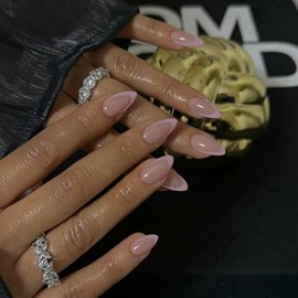 Rosa Claro Punta Francesa Presione En Uñas Cortas de Almendra Presione Ons French Tip Pegamento En Uñas para Mujeres Diy Acrílico Uñas Francesas Uñas 