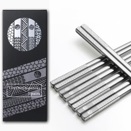 TIICOO Stainless Steel Chopsticks Reusable 18/8 Stainless Steel Laser Engraved Premium Titanium Dishwasher Safe Metal Chopsticks Lightweight Japanese Style 5 Pairs Chopsticks Gift Set (Silver)