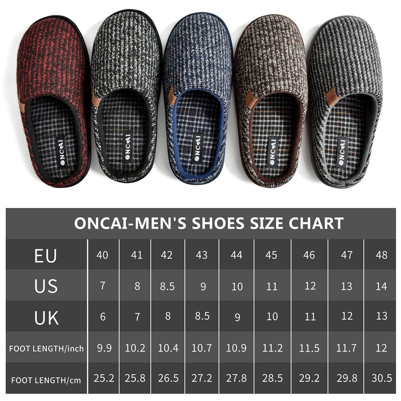 Oncai Men's Memory Foam Slippers Warm Plaid Fluffy Plush Lined