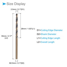 CoCud Twist Drill Bit 2.5mm Cutting Edge Titanium Nitride Coated High Speed Steel 4341 Round Shank for Stainless Steel Drilling Machine 5pcs