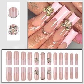 Long Pink Press on Nails Square Fake Nails French Tip False Nails Bow Charm Glue on Nails Glossy Stick on Nails Cute Full Cover Artificial Nails for Women 24Pcs