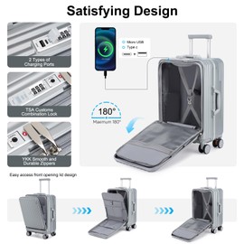 Somago Carry on Luggage Front Open 22x14x9 Airline Approved Lightweight Suitcase with Cup Holder and USB Port Aluminum Frame Polycarbonate Spinner Hard Suitcase with TSA Lock (Silver)