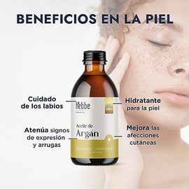 HEBBE - Aceite de Argán 250 ml | Cuidado de Labios y Piel | Atenua Arrugas | Hidratante y Mejora Afecciones Cutáneas | Contenido de 250ml