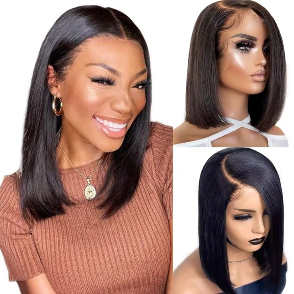 RXY 13 x 4 Bob Straight Wig Real Hair Wig HD Transparent Lace Front Wigs Human Hair Wig Women's Real Hair Wig Glueless Wig Human Hair 150% Density 14 Inches (36 cm)