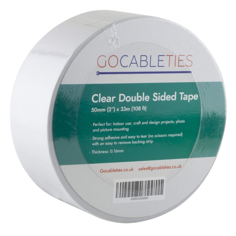 Gocableties Clear Double Sided Tape, 50mm (2”) x 33m, Strong