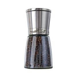 Selefina Spices: Manual Pepper/Salt Grinder (Spice Mill) with Adjustable Ceramic Blades. Glass body with stainless steel. Easy to fill, use and clean, 6oz.