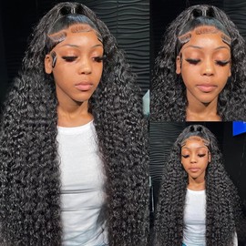 AUOCATTAIL Curly Wigs 13x4 HD Lace Deep Wave Front 180% Density Pre-Plucked with Protein Silk Synthetic Simulation Human Hair for Black Women 26 Inch