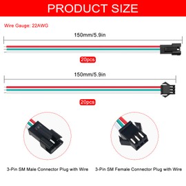 Lyeteung 20 Pairs JST SM 3 Pin Connectors, Mini Micro JST SM 3-Pin Female and Male with 150 mm 22AWG Cable Wire
