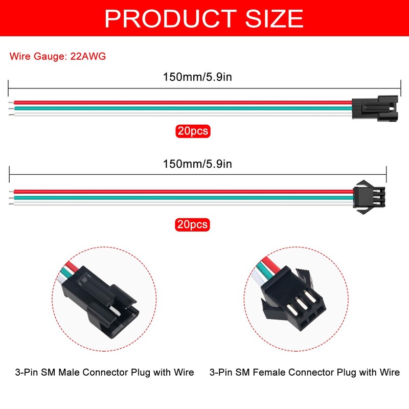 Lyeteung 20 Pairs JST SM 3 Pin Connectors, Mini Micro