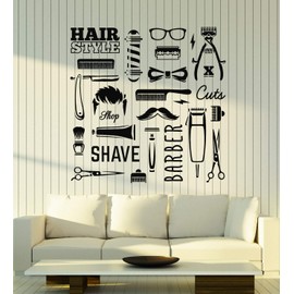 Vinyl Wall Decal Barber Shop Tools Hair Style Shave Cuts Stickers Mural Large Decor (g1580) Black