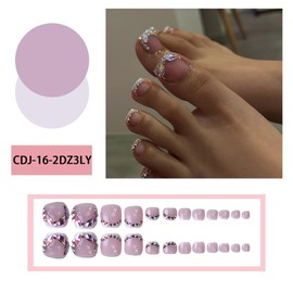 24Pcs White French Press on Toenails - QUNQINLI Press on Toe Nails Fake Nails Pink Nail Art Tips Full Cover Acrylic Fake Toe Nails with 3D Rhinestone Charms Designs Toe Nails Press Ons for Women