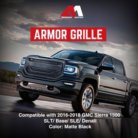 AMERICAN MODIFIED Armor Grille with Emblem Base Compatible with 2016 to 2018 GMC Sierra 1500 SLT, Base, SLE, and Denali Models, Matte Black