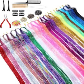 Kit de oropel para el cabello (48 pulgadas, 24 colores, 6000 hebras), extensiones de cabello de oropel con herramientas, kit de oropel con purpurina r