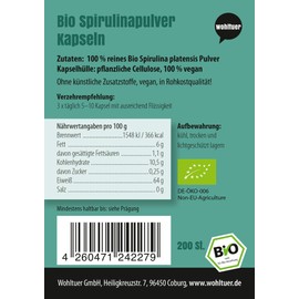 Wohltuer Organic Spirulina Capsules, Pack of 200, Raw Food, 100% Vegan, Organic Spirulina Platensis Powder, Easy to Dose