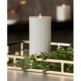 Seasonal LLC Sutton Fluted Seasonal Realistic Motion Flameless Battery Powered Pillar Candle | 3D Moving Flame | Adjustable Brightness | Translucent and Glowing Body Ivory (White, 3x7)