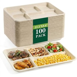 SUT SUT100% Compostable 5 Compartment Plates, 100 Pack Disposable Paper Plates 12.5×8.6 Inch, PFAS Free & BPA Safe Biodegradable Party Platters for Daily Meals, Events & Catering