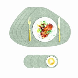 Placemats and Coasters, Double Sided Available Leather Table Mats Set of 4, Teardrop Shape Table Place Mats Washable Heat Resistant Table for Dining Table or Offices (Light Green - Beige)