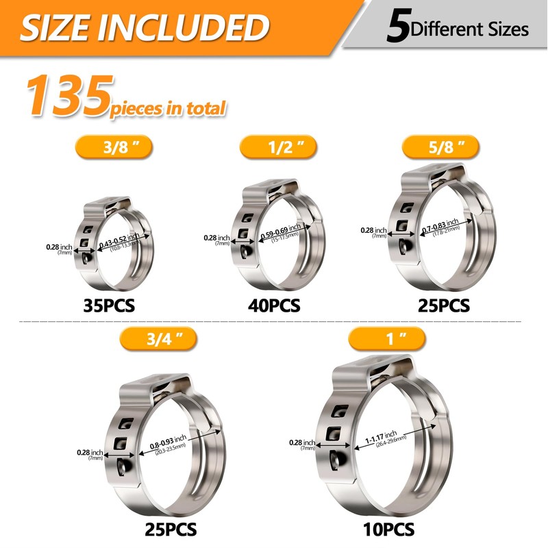 135 PCS PEX Crimp Rings Assortment,304 Stainless Steel 3/8",1/2",3/4",5/8",1" Single