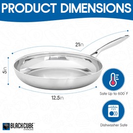 Black Cube Stainless Steel 12.5-inch Frying Pan, 3 Ply Professional Grade Steel Skillet, Sliver, Dishwasher Safe.