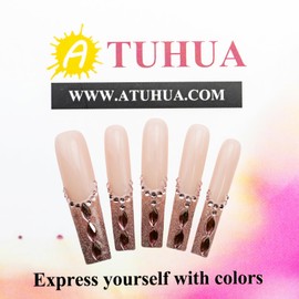 Atuhua Uñas Postizas Cuadradas Extralargas Hechas A Mano, Con Puntas Francesas Rosas, Brillantes, Acrílicas, Con Diseños De Diamantes De Imitación, Cobertura Total, Para Mujer (10 Unidades, M)