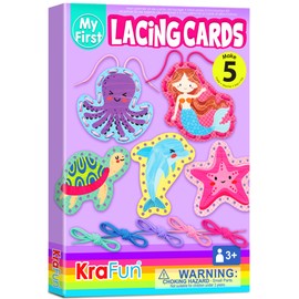 KRAFUN Beginner Mermaid Lacing Card Kit for Kids Arts & Crafts, 5 Easy Mermaid, Animal Lacing Projects, Paper Lace Cards for Toddlers, Fine Motor Preschool Skills Toys