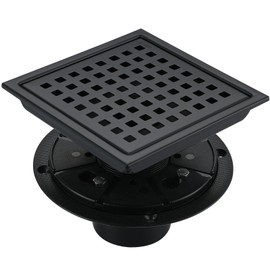 6 Inch Square Shower Drain Kit, Matte Black 304 Stainless Steel with Removable Grate & Hair Strainer for Tile-in Installation and ABS Flange