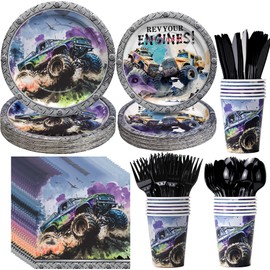 NAIWOXI Monster Truck Birthday Plates And Napkins Party Supplies, Monster Truck Party Decorations Tableware, Paper Plate, Napkin, Cup, Disposable Cutlery, Monster Truck Birthday Decorations | 24 Guest