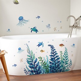 SMAOSTORE Wall Sticker Underwater World Jellyfish Turtle Algae Stylish Living Room Bedroom Room Sticker Background Wall Bathroom Toilet Waterproof Removable Wall Sticker DIY Wallpaper