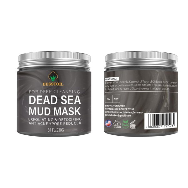 Besstoil Dead Sea Mud Mask for Face and Body, Natural, Vegan, Cruelty-Free Cosmetics - Mineral Rich, Hydrates, Detoxifies, Deep Cleanses Skin for Men or Women, 230 g