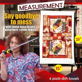 Lobyn Value Packs – 4-Pack Red Rooster Kitchen Towels, 15x25 Lightweight Cotton-Poly Blend, Absorbent Dish Towels with Farmhouse Country Design
