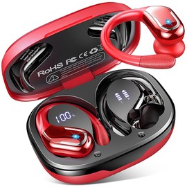 Wireless Earbuds, 75H Bluetooth 5.4 Headphones Sports with ENC Mic, Stereo Noise Cancelling Ear Buds, Wireless Headphones with Earhooks, LED Display, IP7 Waterproof Running Earphones for Workout, Red