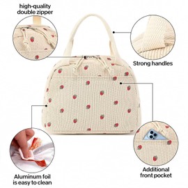 Trywise Insulated Lunch Bag for Women and Kids - Leak Proof Cute Insulated Lunch Bag for Girls for School, Office, Travel - Reusable Corduroy Insulated Food Bag (Strawberry)