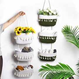 SiliFine Over the Door Hanging Basket Boho Woven Wall Hanging Baskets 3-Tier Cotton Wall Mounted Storage Organizer Bag Macrame Decorative Hanging Baskets for Kitchen Laundry Room Stairs(White)