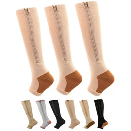 Roiii Hiking Zipper Compression Socks Women & Men - 2Pairs-3 Pairs Calf Knee High 15-20mmHg Open Toe Compression Stocking For Nurse Office Teacher Pregnant Shifts Swollen Legs Stocking