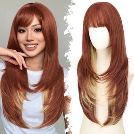 Eawwii Long Reddish Brown mix Blonde Wig with Bangs for Women,Layered Hairstyle Synthetic Heat Resistant for Daily Party Use 26 inch