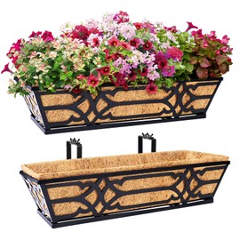 cheehigo Railing Planter Box, Window Planter Boxes Outdoor 2 Pack 24 Inch Hanging Planter with Adjustable Bracket for Porch, Fence Flower Baskets with Coco Liners