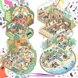 4 Sets DIY 3D Fun Mini House Scenes Stickers with Tweezer Make Your Own Skewer Coconut Chicken Dessert Shop Stickers Scenes Cute Food Theme Craft Micro Stickers for Relief Stress Pass The Time