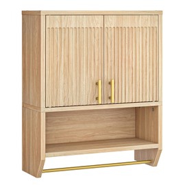Fluted Bathroom Cabinet with 2 Doors, Farmhouse Bathroom Wall Cabinet with Towel Rack and Open Shelf, Fluted Wall-Mounted Medicine Storage Over The Toilet for Bathroom, Kitchen, Natural