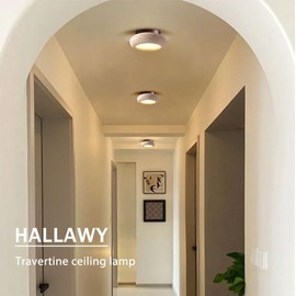 WOSBO Yellow Travertine Ceiling Light, 5.9" Minimalist Wabi Sabi Ceiling Light Fixture with Round Stone Lampshade, Mid Century Flush Mount Ceiling Light for Bedroom Living Room Kitchen Island Hallway