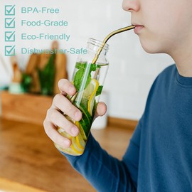 Kitiok 16-Pack Reusable Metal Long Drinking Straws Stainless Steel Dishwasher Safe With Silicone Tip Case Clearner Brush,Gold