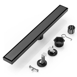 DLONE Linear Shower Drain | 28 Inch Linear Drain with 2-in-1 Flat & Tile Insert Cover | AISI 304 Stainless Steel Rectangle Shower Floor Drain with Adjustable Feet & Hair Catcher (Black)