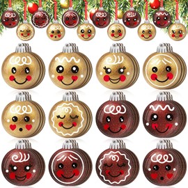 Wonderjune 36 Pcs Christmas Gingerbread Face Ornaments Wooden Gingerbread Tree Decoration Glitter Red Gold Christmas Tree Ornaments Smile Wood Hanging Pendants for Xmas Tree Party Holiday Decor