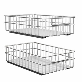 Pull out Cabinet Organizer, Stainless Steel 2-Pack Slide out Drawer with Silent Full-Extension Slides, Adhesive Roll out Can Spice Storage Basket Shelf Rack for Pantry, Kitchen, Bathroom, Home Closet