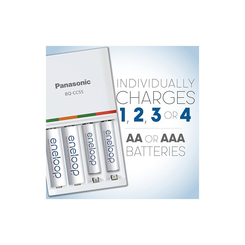 Cargador rápido Panasonic eneloop con 4 pilas recargables, AA